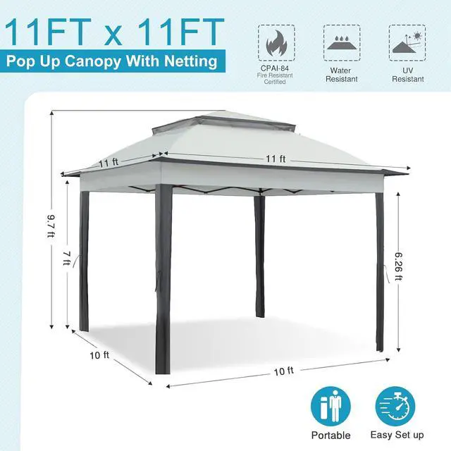 Alt view image 4 of 7 - 11x11 Pop Up Canopy Tent with Mosquito Netting Screen Tent, Auto Extending Eaves 169 Sq Ft of Shade, Easy One-Person Setup Screened Gazebo for Backyard and Patio, Gray