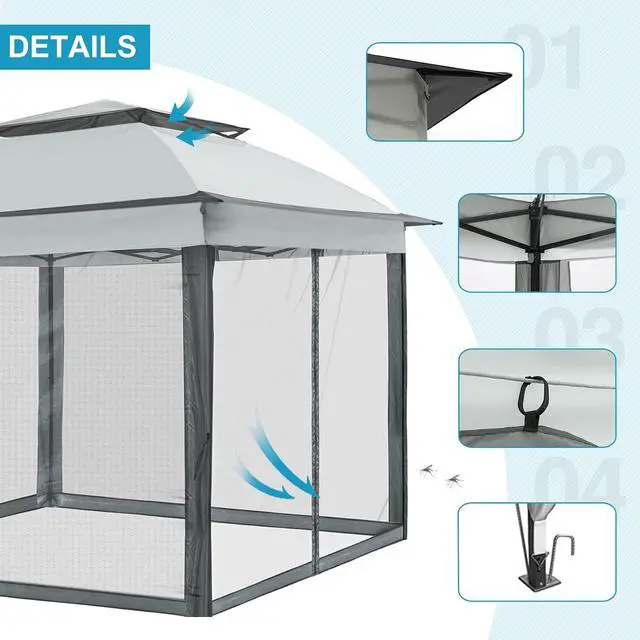 Alt view image 3 of 7 - 11x11 Pop Up Canopy Tent with Mosquito Netting Screen Tent, Auto Extending Eaves 169 Sq Ft of Shade, Easy One-Person Setup Screened Gazebo for Backyard and Patio, Gray