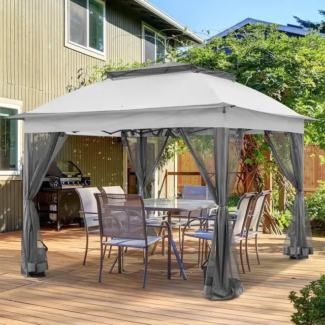 Alt view image 5 of 7 - 11x11 Pop Up Canopy Tent with Mosquito Netting Screen Tent, Auto Extending Eaves 169 Sq Ft of Shade, Easy One-Person Setup Screened Gazebo for Backyard and Patio, Gray