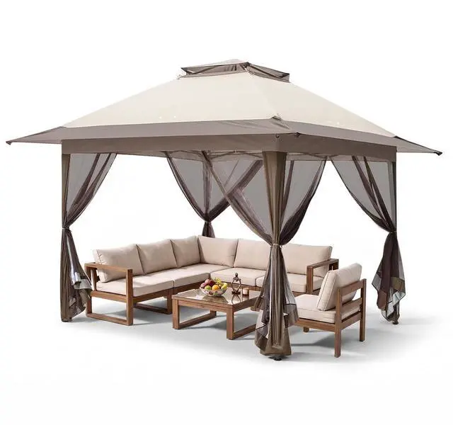 Main image of 13x13 Pop Up Canopy Tent with Mosquito Netting Screen Tent, Auto Extending Eaves 169 Sq Ft of Shade, Easy One-Person Setup Screened Gazebo for Backyard and Patio, Beige/Brown