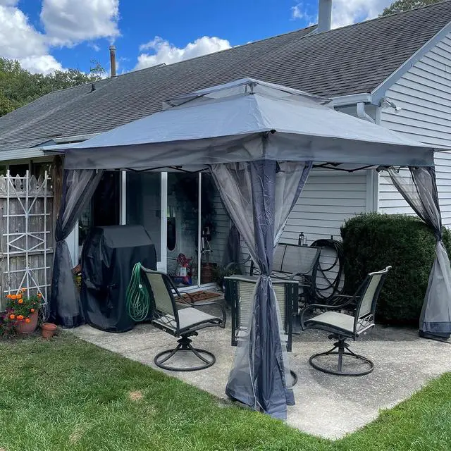 Alt view image 6 of 7 - 11x11 Pop Up Canopy Tent with Mosquito Netting Screen Tent, Auto Extending Eaves 169 Sq Ft of Shade, Easy One-Person Setup Screened Gazebo for Backyard and Patio, Gray