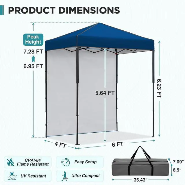 Alt view image 3 of 7 - 6x4 Instant Pop Up Canopy Tent with 1 Side Wall Panel, Straight Leg Sun Shelter, Portable Canopy with Carry Bag for Camping, Beach & Sports, Dark Blue