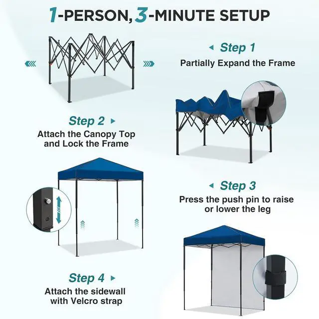 Alt view image 2 of 7 - 6x4 Instant Pop Up Canopy Tent with 1 Side Wall Panel, Straight Leg Sun Shelter, Portable Canopy with Carry Bag for Camping, Beach & Sports, Dark Blue