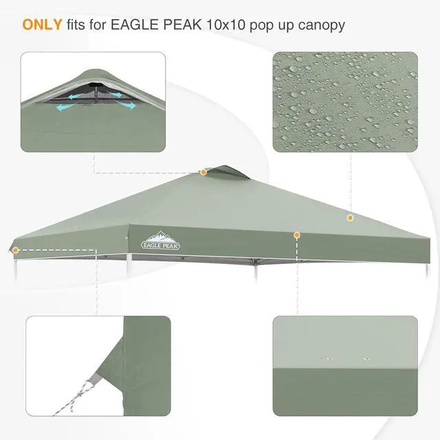 Alt view image 4 of 7 - Replacement Canopy Top for Eagle Peak 10x10 Straight Leg Pop Up Canopy Frame Only, Canopy Cover with Air Vent, UPF 50+, Frame NOT Included, Sage Green