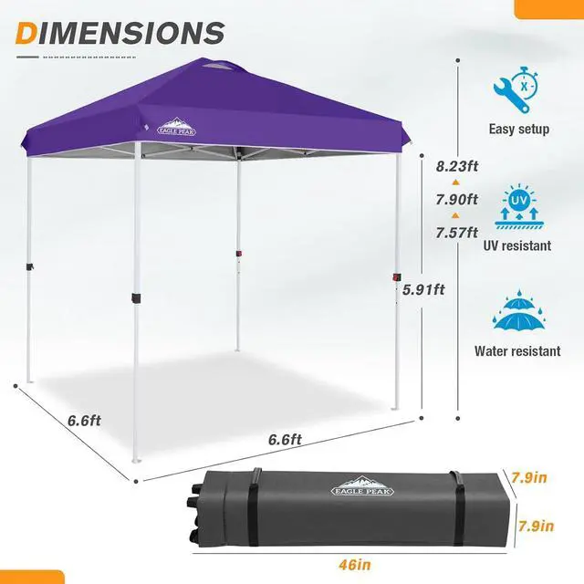 Alt view image 3 of 7 - Pop Up Canopy Tent with Wheeled Carry Bag, 8 Stakes, 4 Ropes, Easy Set Up Tent Canopy, 6.6x6.6 ft, Purple