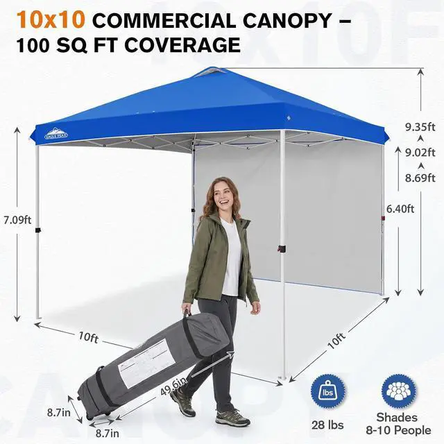 Alt view image 3 of 7 - Commercial Canopy 10x10 Pop Up Canopy Tent with 1 Sidewall, Easy Setup Heavy Duty Instant Event Shelter for Vendors & Markets, Outdoor Sun Shade, Blue
