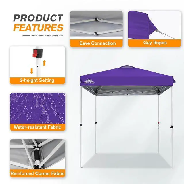 Alt view image 4 of 7 - Pop Up Canopy Tent with Wheeled Carry Bag, 8 Stakes, 4 Ropes, Easy Set Up Tent Canopy, 6.6x6.6 ft, Purple
