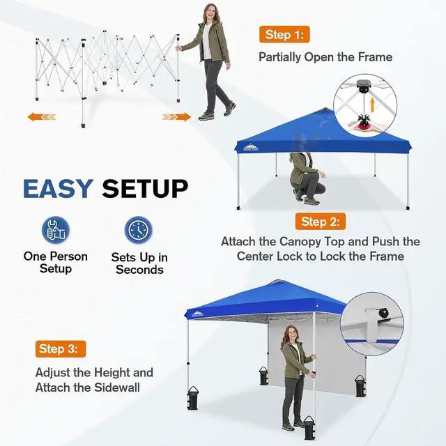 Alt view image 6 of 7 - Commercial Canopy 10x10 Pop Up Canopy Tent with 1 Sidewall, Easy Setup Heavy Duty Instant Event Shelter for Vendors & Markets, Outdoor Sun Shade, Blue