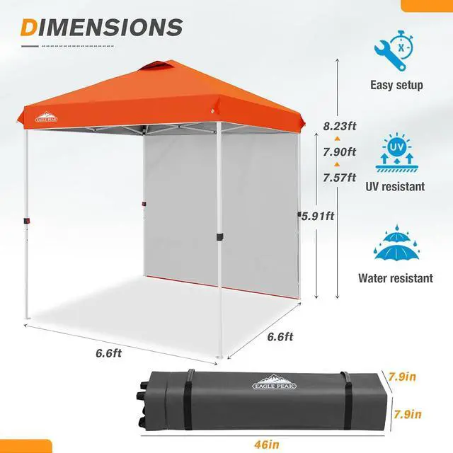 Alt view image 3 of 7 - Commercial Canopy 6.6x6.6 Pop Up Canopy Tent with 1 Sidewall, Easy Setup Heavy Duty Instant Event Shelter for Vendors & Markets, Outdoor Sun Shade, Orange