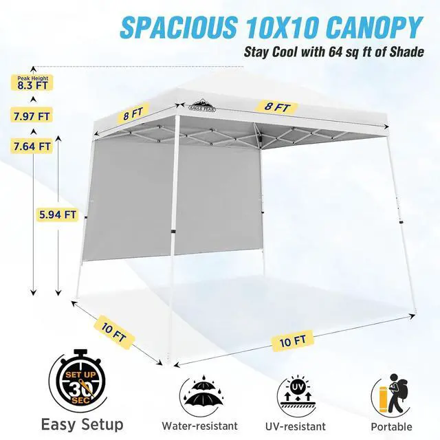 Alt view image 3 of 7 - 10x10 Pop Up Canopy Tent with Sidewall, Compact, Portable Slant Leg Instant Sun Shelter for Beach, Sports, & Camping, 10x10 Base 8x8 Top, White