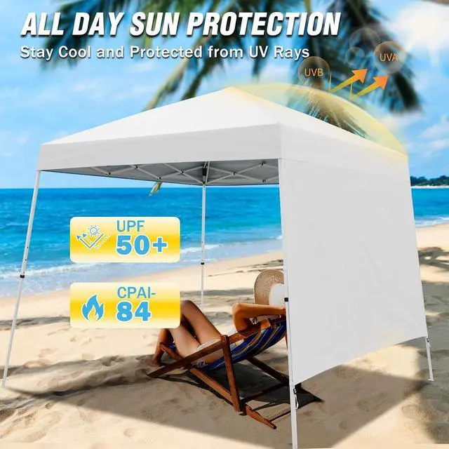 Alt view image 4 of 7 - 10x10 Pop Up Canopy Tent with Sidewall, Compact, Portable Slant Leg Instant Sun Shelter for Beach, Sports, & Camping, 10x10 Base 8x8 Top, White