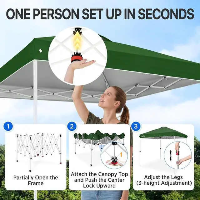 Alt view image 4 of 7 - Pop Up Canopy Tent with Wheeled Carry Bag, 8 Stakes, 4 Ropes, Easy Set Up Tent Canopy, 8x8 ft, Green