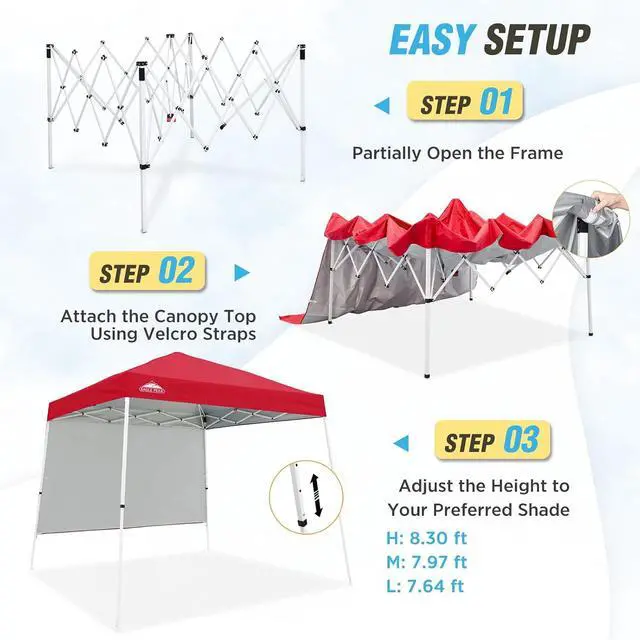 Alt view image 2 of 7 - 10x10 Pop Up Canopy Tent with Sidewall, Compact, Portable Slant Leg Instant Sun Shelter for Beach, Sports, & Camping, 10x10 Base 8x8 Top, Red
