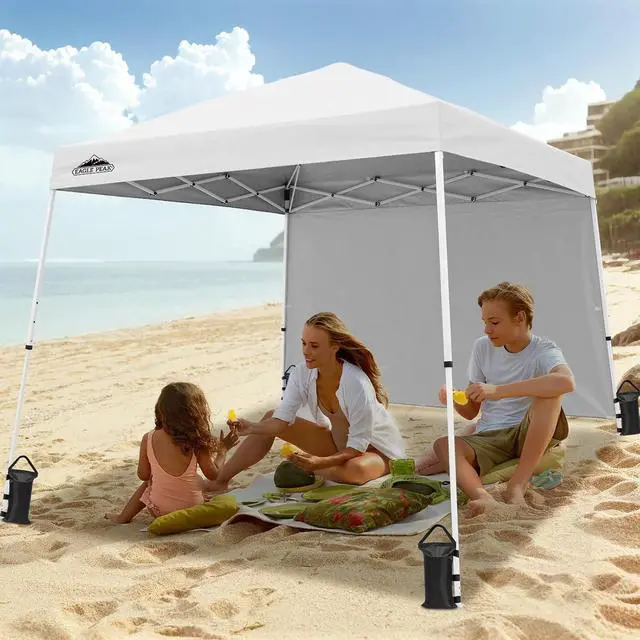 Alt view image 7 of 7 - 10x10 Pop Up Canopy Tent with Sidewall, Compact, Portable Slant Leg Instant Sun Shelter for Beach, Sports, & Camping, 10x10 Base 8x8 Top, White