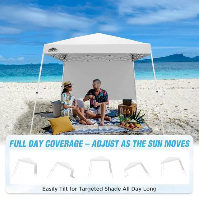 Alt view image 6 of 7 - 10x10 Pop Up Canopy Tent with Sidewall, Compact, Portable Slant Leg Instant Sun Shelter for Beach, Sports, & Camping, 10x10 Base 8x8 Top, White