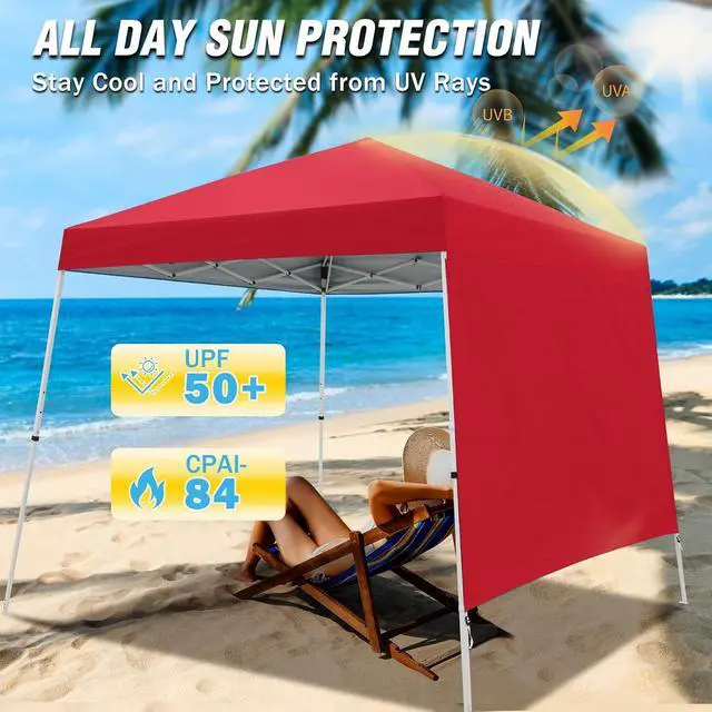 Alt view image 4 of 7 - 10x10 Pop Up Canopy Tent with Sidewall, Compact, Portable Slant Leg Instant Sun Shelter for Beach, Sports, & Camping, 10x10 Base 8x8 Top, Red