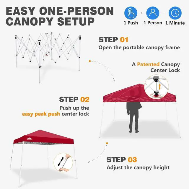 Alt view image 7 of 7 - 10x10 Slant Leg Pop-up Canopy Tent Easy One Person Setup Instant Outdoor Beach Canopy Folding Portable Sports Shelter 10x10 Base 8x8 Top (Red)