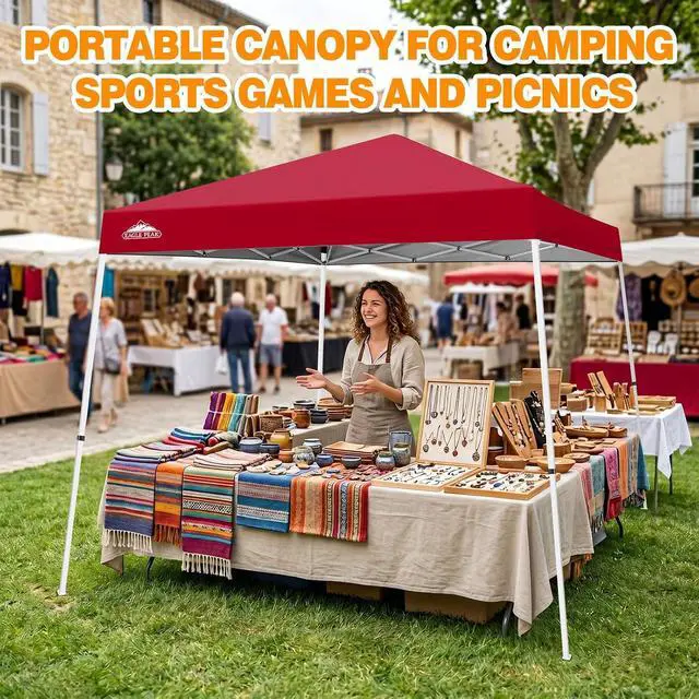 Alt view image 6 of 7 - 10x10 Slant Leg Pop-up Canopy Tent Easy One Person Setup Instant Outdoor Beach Canopy Folding Portable Sports Shelter 10x10 Base 8x8 Top (Red)