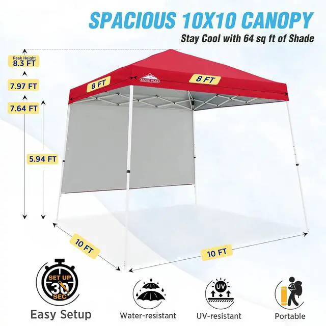 Alt view image 3 of 7 - 10x10 Pop Up Canopy Tent with Sidewall, Compact, Portable Slant Leg Instant Sun Shelter for Beach, Sports, & Camping, 10x10 Base 8x8 Top, Red