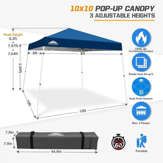 Alt view image 3 of 7 - 10x10 Slant Leg Pop-up Canopy Tent Easy One Person Setup Instant Outdoor Beach Canopy Folding Portable Sports Shelter 10x10 Base 8x8 Top (Dark Blue)