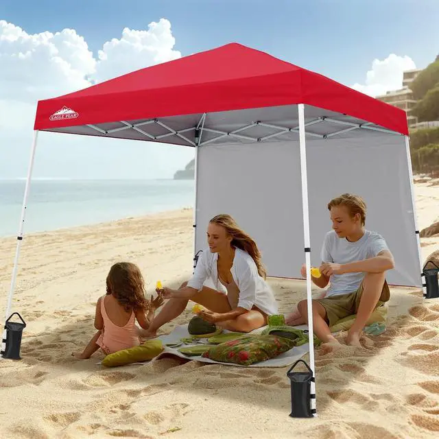 Alt view image 5 of 7 - 10x10 Pop Up Canopy Tent with Sidewall, Compact, Portable Slant Leg Instant Sun Shelter for Beach, Sports, & Camping, 10x10 Base 8x8 Top, Red