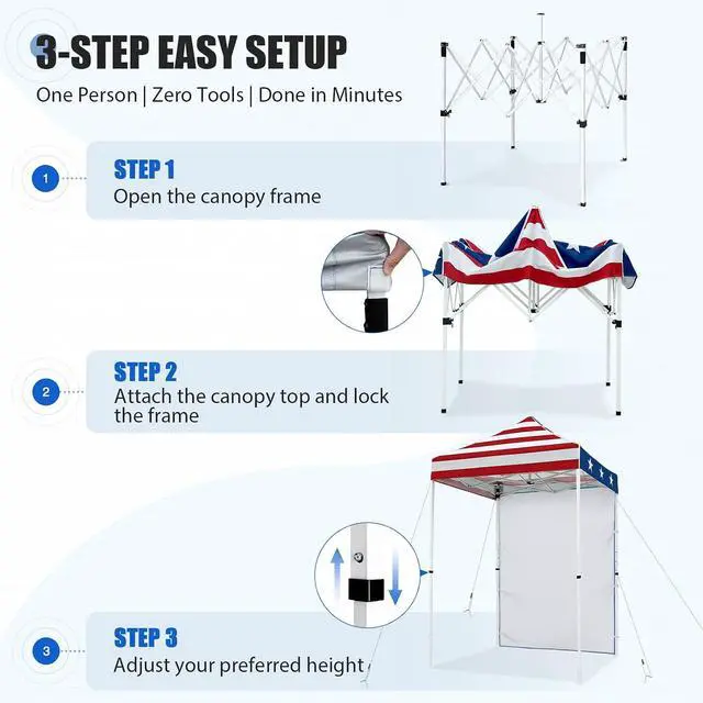 Alt view image 7 of 7 - Pop up Canopy 5x5, Outdoor Portable Canopy Tent with One Removable Sunwall, Carry Bag Included, American Flag