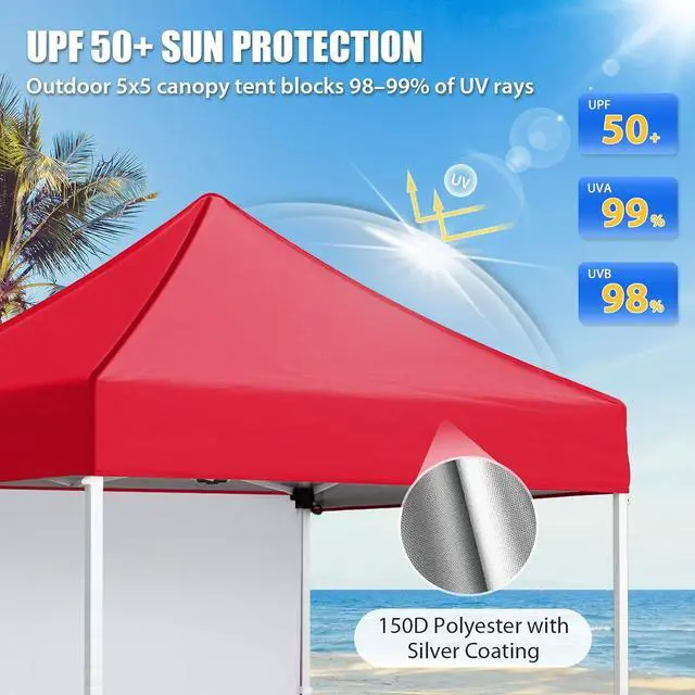 Alt view image 2 of 7 - Pop up Canopy 5x5, Outdoor Portable Canopy Tent with One Removable Sunwall, Carry Bag Included, Red