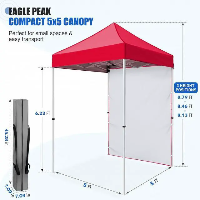 Alt view image 3 of 7 - Pop up Canopy 5x5, Outdoor Portable Canopy Tent with One Removable Sunwall, Carry Bag Included, Red