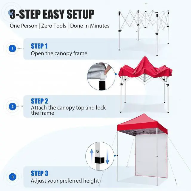 Alt view image 7 of 7 - Pop up Canopy 5x5, Outdoor Portable Canopy Tent with One Removable Sunwall, Carry Bag Included, Red