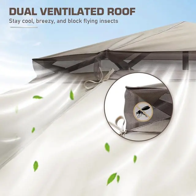 Alt view image 2 of 7 - 13x13 Pop Up Canopy Tent with Mosquito Netting Screen Tent, Auto Extending Eaves 169 Sq Ft of Shade, Easy One-Person Setup Screened Gazebo for Backyard and Patio, Beige/Brown