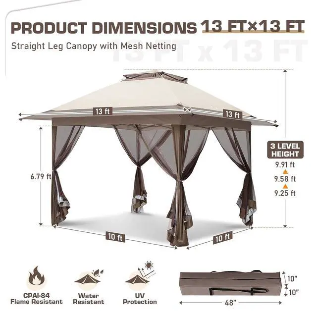 Alt view image 3 of 7 - 13x13 Pop Up Canopy Tent with Mosquito Netting Screen Tent, Auto Extending Eaves 169 Sq Ft of Shade, Easy One-Person Setup Screened Gazebo for Backyard and Patio, Beige/Brown