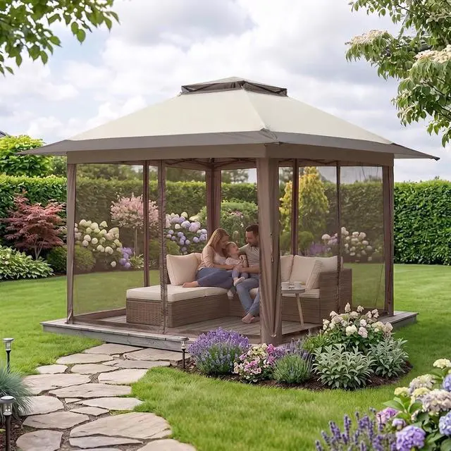 Alt view image 5 of 7 - 13x13 Pop Up Canopy Tent with Mosquito Netting Screen Tent, Auto Extending Eaves 169 Sq Ft of Shade, Easy One-Person Setup Screened Gazebo for Backyard and Patio, Beige/Brown