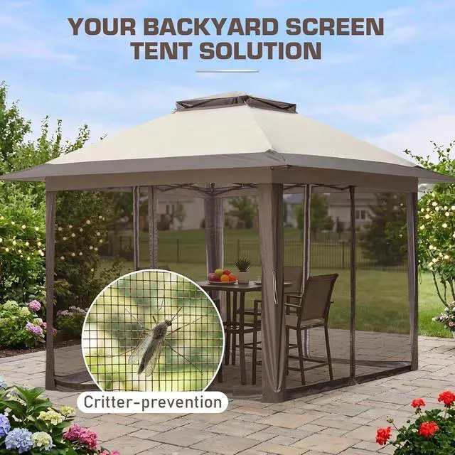 Alt view image 6 of 7 - 13x13 Pop Up Canopy Tent with Mosquito Netting Screen Tent, Auto Extending Eaves 169 Sq Ft of Shade, Easy One-Person Setup Screened Gazebo for Backyard and Patio, Beige/Brown