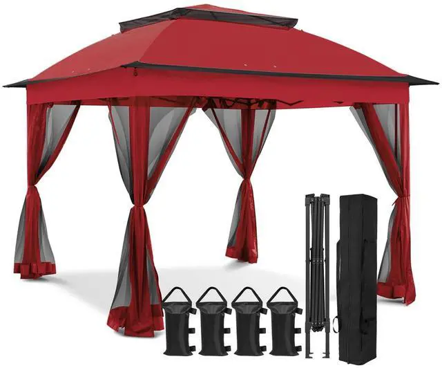 Main image of 11x11 Pop Up Canopy Tent with Mosquito Netting Screen Tent, Auto Extending Eaves 169 Sq Ft of Shade, Easy One-Person Setup Screened Gazebo for Backyard and Patio, Red