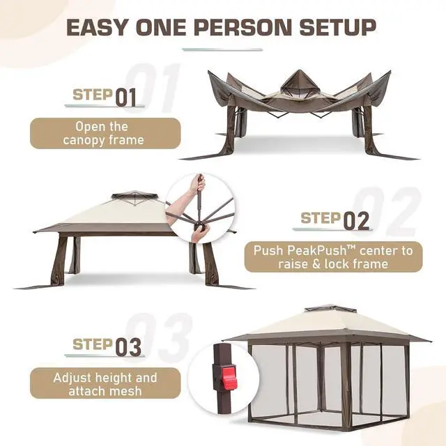 Alt view image 7 of 7 - 13x13 Pop Up Canopy Tent with Mosquito Netting Screen Tent, Auto Extending Eaves 169 Sq Ft of Shade, Easy One-Person Setup Screened Gazebo for Backyard and Patio, Beige/Brown