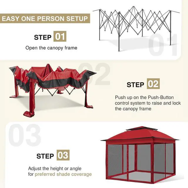 Alt view image 2 of 7 - 11x11 Pop Up Canopy Tent with Mosquito Netting Screen Tent, Auto Extending Eaves 169 Sq Ft of Shade, Easy One-Person Setup Screened Gazebo for Backyard and Patio, Red