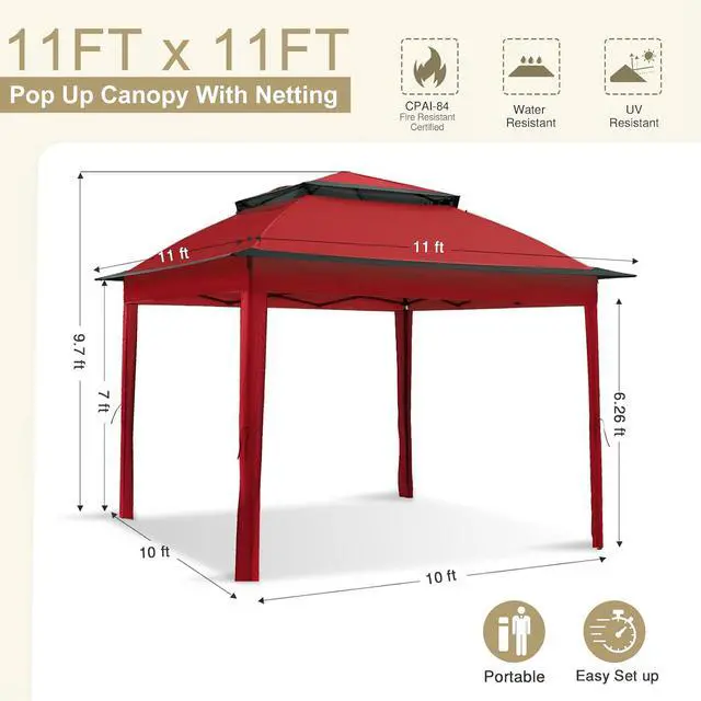 Alt view image 3 of 7 - 11x11 Pop Up Canopy Tent with Mosquito Netting Screen Tent, Auto Extending Eaves 169 Sq Ft of Shade, Easy One-Person Setup Screened Gazebo for Backyard and Patio, Red