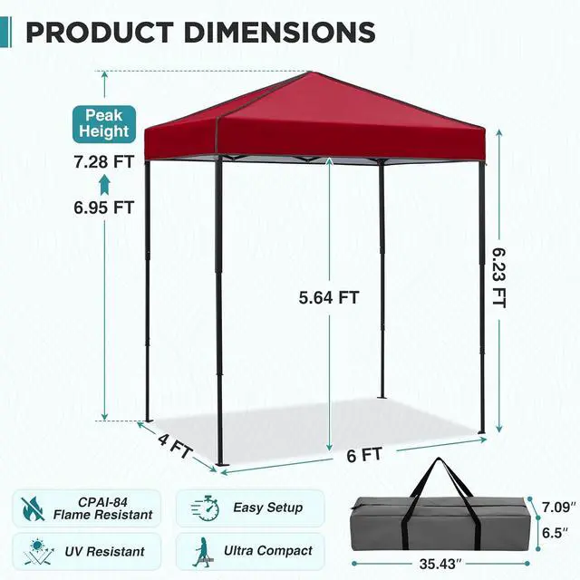 Alt view image 3 of 7 - 6x4 Instant Pop Up Canopy Tent, Straight Leg Sun Shelter, Portable Canopy with Carry Bag for Camping, Beach & Sports, Burgundy