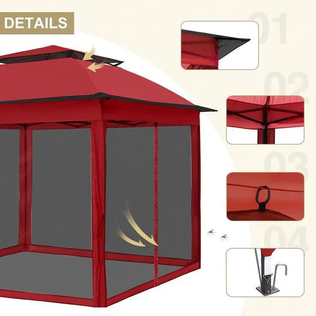 Alt view image 4 of 7 - 11x11 Pop Up Canopy Tent with Mosquito Netting Screen Tent, Auto Extending Eaves 169 Sq Ft of Shade, Easy One-Person Setup Screened Gazebo for Backyard and Patio, Red