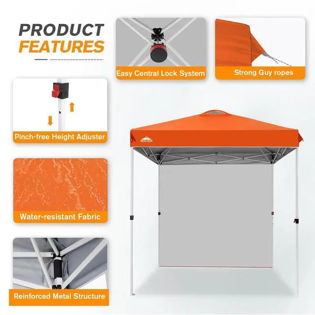 Alt view image 6 of 7 - Commercial Canopy 6.6x6.6 Pop Up Canopy Tent with 1 Sidewall, Easy Setup Heavy Duty Instant Event Shelter for Vendors & Markets, Outdoor Sun Shade, Orange