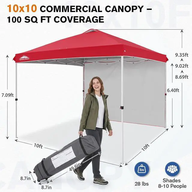 Alt view image 3 of 7 - Commercial Canopy 10x10 Pop Up Canopy Tent with 1 Sidewall, Easy Setup Heavy Duty Instant Event Shelter for Vendors & Markets, Outdoor Sun Shade, Red