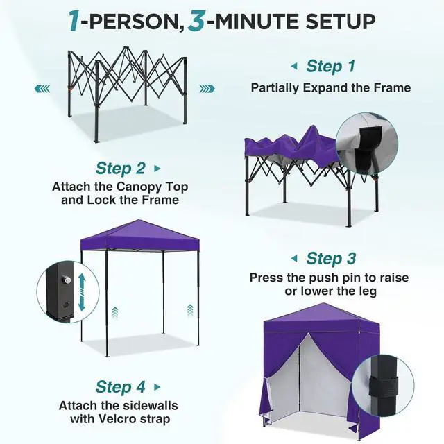 Alt view image 2 of 7 - 6x4 Instant Pop Up Canopy Tent with 4 Side Wall Panels, Straight Leg Sun Shelter, Portable Canopy with Carry Bag for Camping, Beach & Sports, Purple
