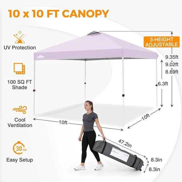 Alt view image 3 of 7 - Pop Up Canopy Tent with Wheeled Carry Bag, 8 Stakes, 4 Ropes, 4 Weight Bags, Easy Set Up Tent Canopy, 10x10 ft, 100sqft of Shade, Lilac