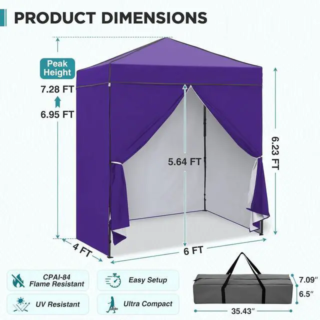 Alt view image 3 of 7 - 6x4 Instant Pop Up Canopy Tent with 4 Side Wall Panels, Straight Leg Sun Shelter, Portable Canopy with Carry Bag for Camping, Beach & Sports, Purple