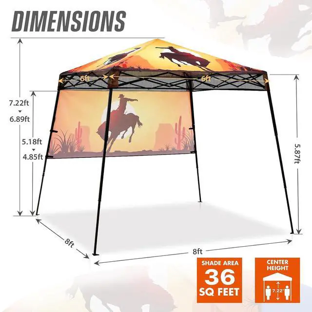 Alt view image 3 of 7 - 8x8 Pop Up Canopy Tent with Sidewall, Compact, Portable Slant Leg Instant Sun Shelter for Beach, Sports, & Camping, 8x8 Base 6x6 Top, Cowboy