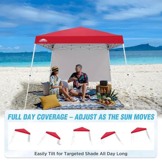 Alt view image 7 of 7 - 10x10 Pop Up Canopy Tent with Sidewall, Compact, Portable Slant Leg Instant Sun Shelter for Beach, Sports, & Camping, 10x10 Base 8x8 Top, Red