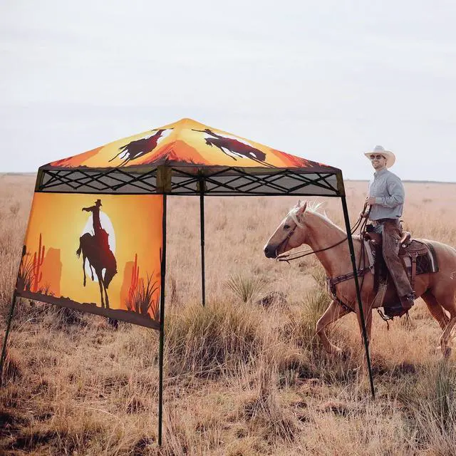 Alt view image 5 of 7 - 8x8 Pop Up Canopy Tent with Sidewall, Compact, Portable Slant Leg Instant Sun Shelter for Beach, Sports, & Camping, 8x8 Base 6x6 Top, Cowboy