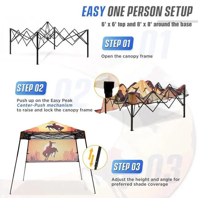 Alt view image 2 of 7 - 8x8 Pop Up Canopy Tent with Sidewall, Compact, Portable Slant Leg Instant Sun Shelter for Beach, Sports, & Camping, 8x8 Base 6x6 Top, Cowboy
