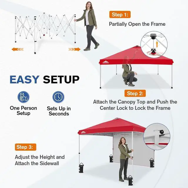 Alt view image 6 of 7 - Commercial Canopy 10x10 Pop Up Canopy Tent with 1 Sidewall, Easy Setup Heavy Duty Instant Event Shelter for Vendors & Markets, Outdoor Sun Shade, Red