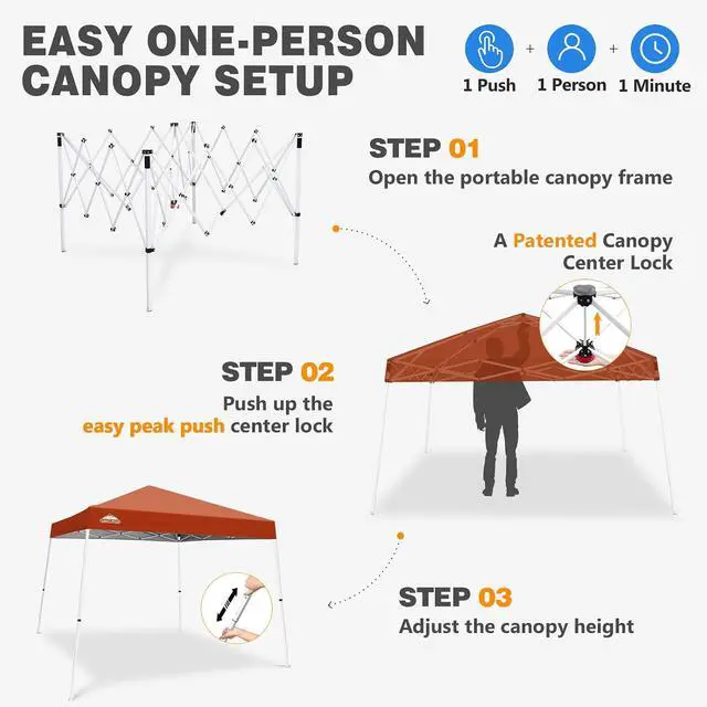 Alt view image 6 of 7 - 10x10 Slant Leg Pop-up Canopy Tent Easy One Person Setup Instant Outdoor Beach Canopy Folding Portable Sports Shelter 10x10 Base 8x8 Top (Brick Red)